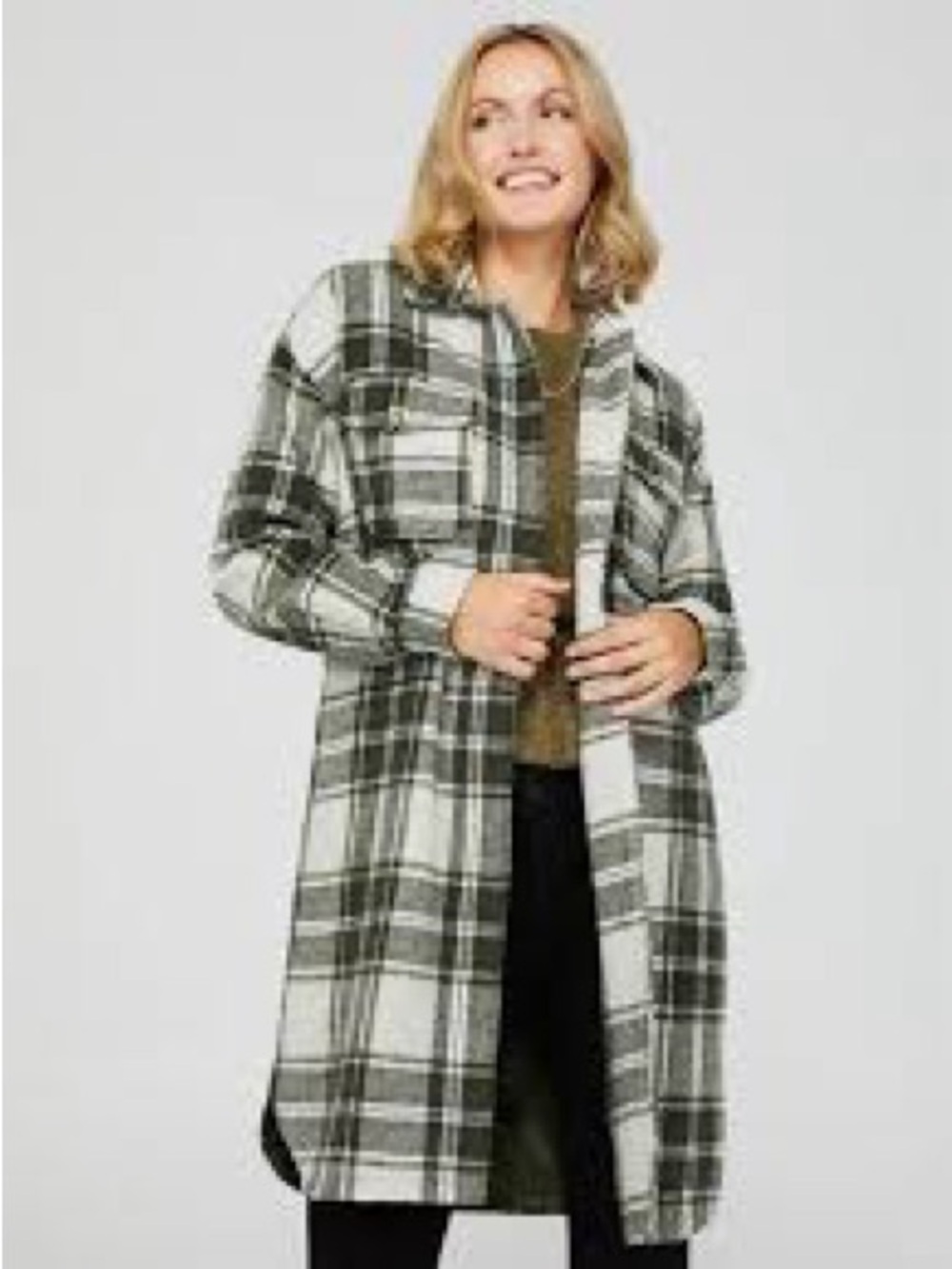 NWT Bluenotes Women Green White Plaid Shacket Longline Button Up Jacket Size XS